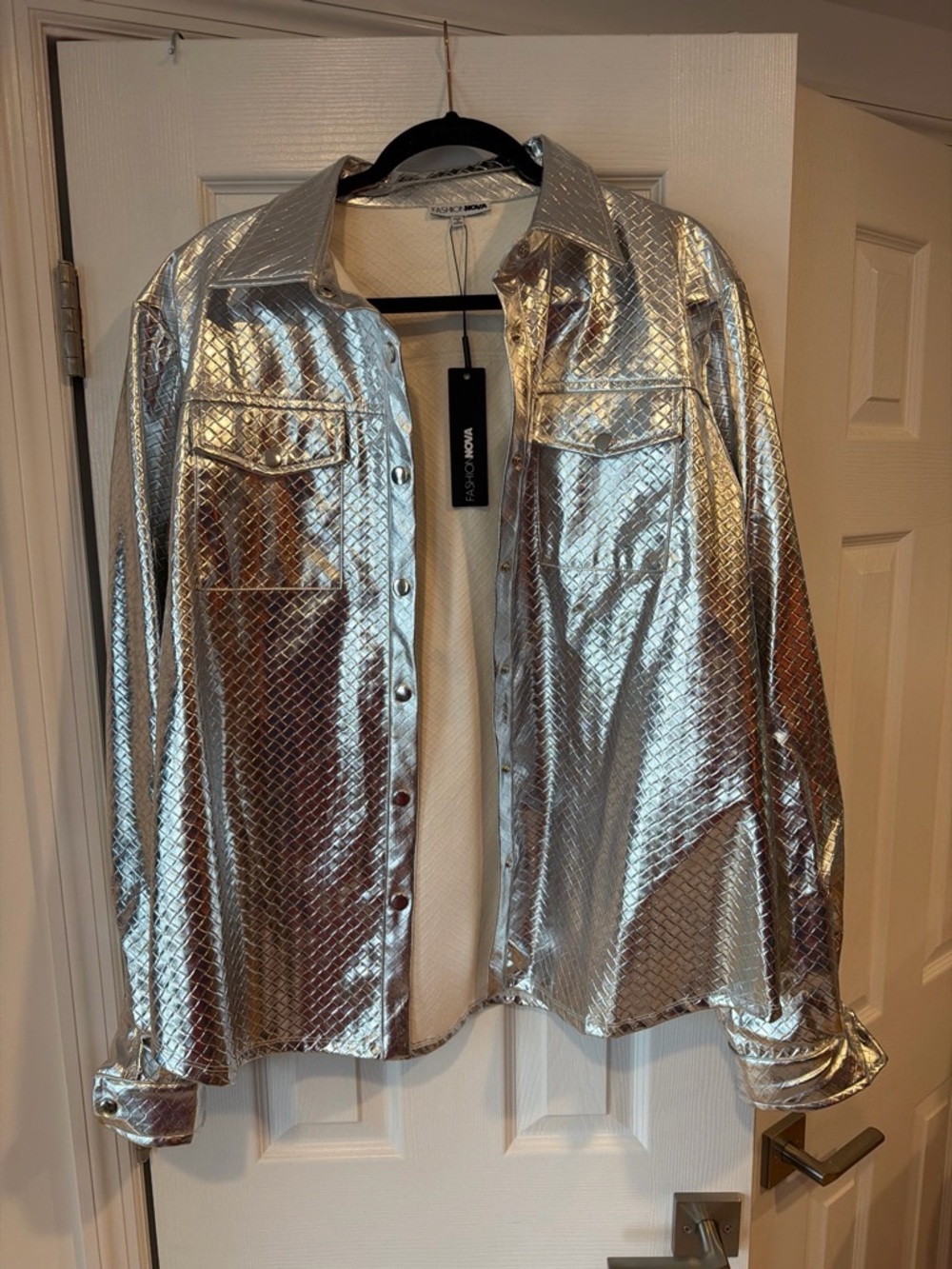 Fashion Nova Metallic Silver Quilted Shirt Jacket